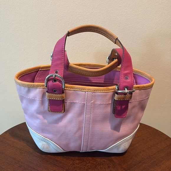 Coach  Hampton mini bag satchel  pink canvas/ white /raspberry/light tan leather - Picture 1 of 15